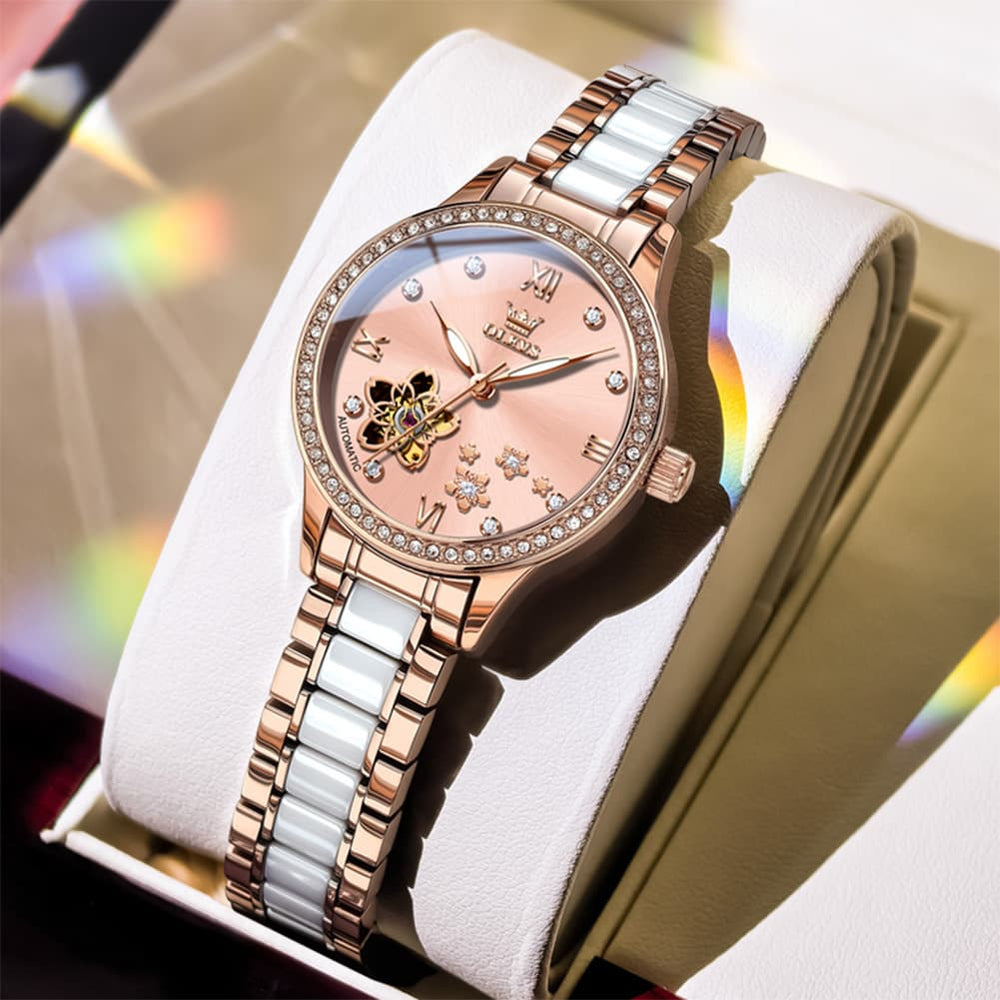 OLEVS 7074 Ceramic Open Heart Automatic Watch For Women - Rose Gold Pink Watch | Olevs Watch Store