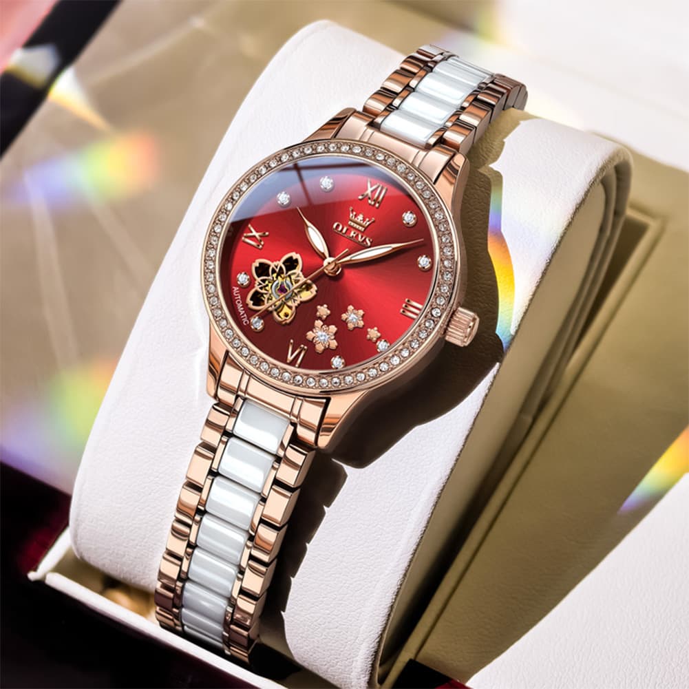 OLEVS 7074 Ceramic Open Heart Automatic Watch For Women - Rose Gold Red Watch | Olevs Watch Store