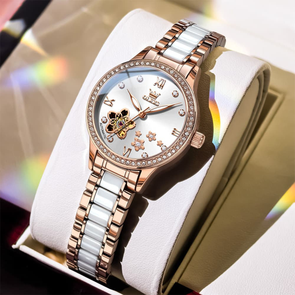 OLEVS 7074 Ceramic Open Heart Automatic Watch For Women - Rose Gold White Watch | Olevs Watch Store