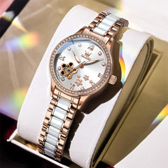 OLEVS 7074 Ceramic Open Heart Automatic Watch For Women - Rose Gold White Watch | Olevs Watch Store