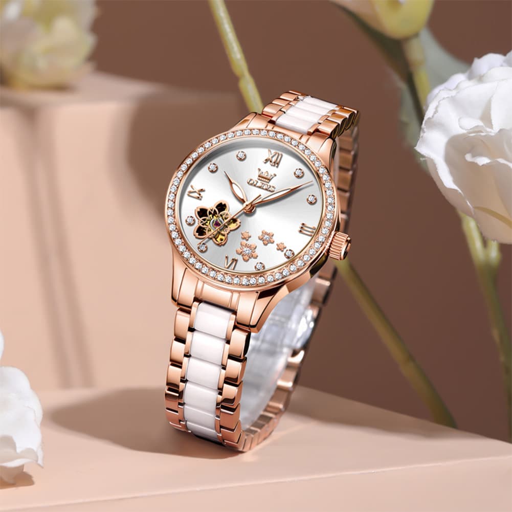 OLEVS 7074 Ceramic Open Heart Automatic Watch For Women - Rose Gold White Watch | Olevs Watch Store