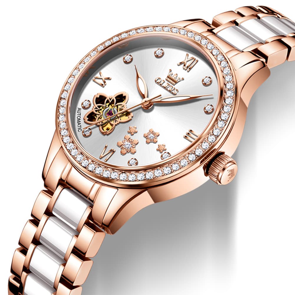 OLEVS 7074 Ceramic Open Heart Automatic Watch For Women - Rose Gold White Watch | Olevs Watch Store