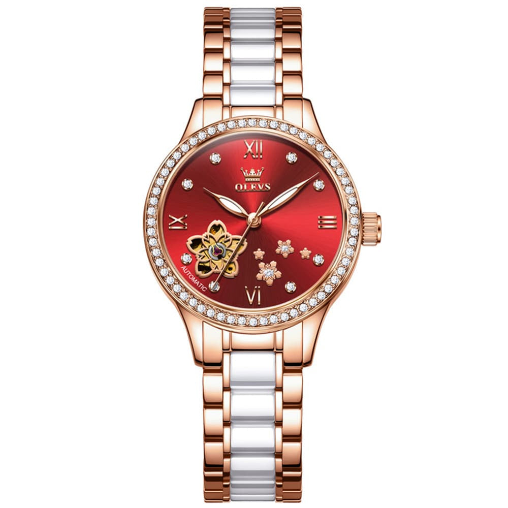 OLEVS 7074 Ceramic Open Heart Automatic Watch For Women - Rose Gold White Watch | Olevs Watch Store
