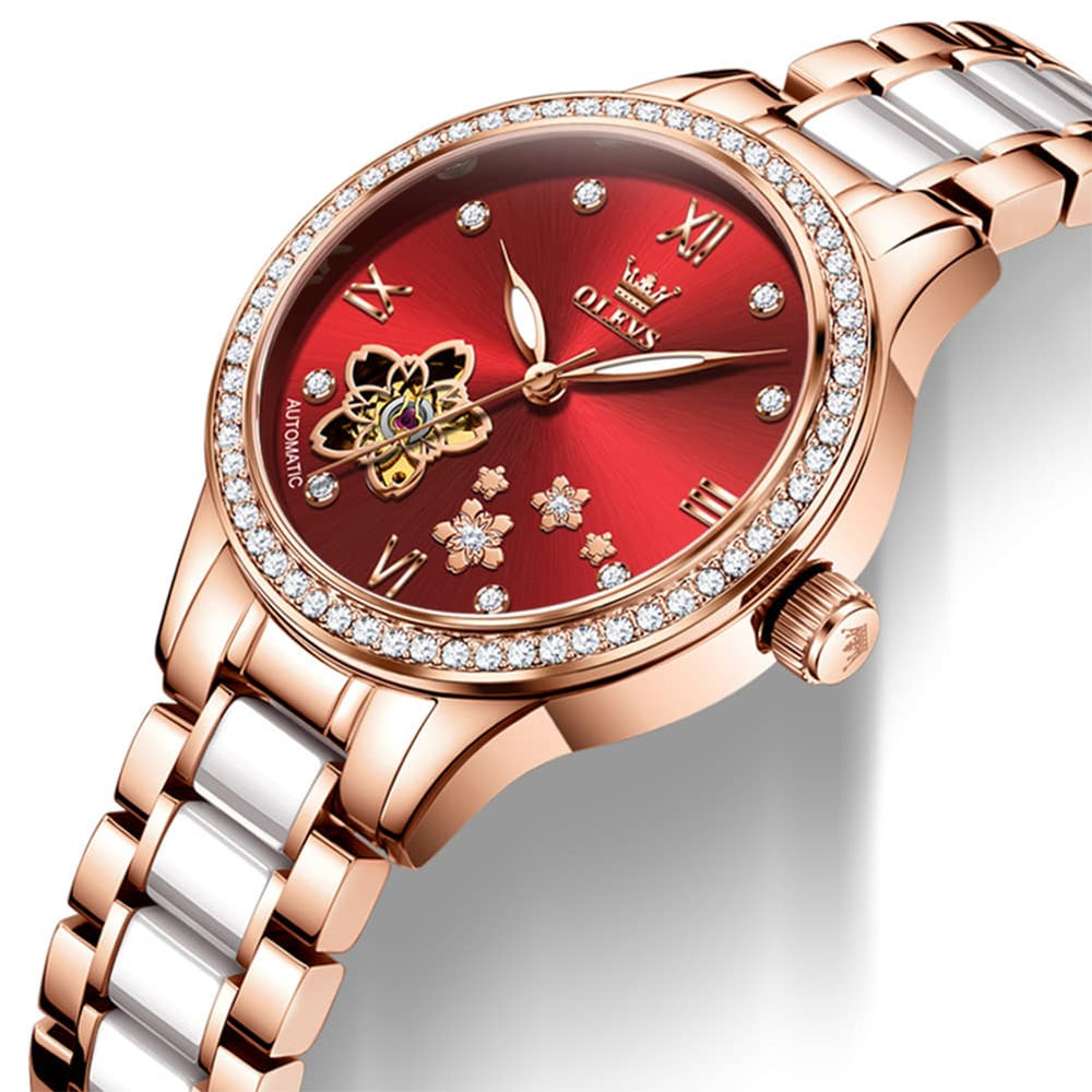 OLEVS 7074 Ceramic Open Heart Automatic Watch For Women - Rose Gold White Watch | Olevs Watch Store
