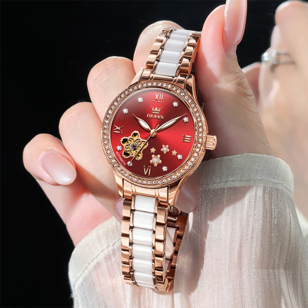 OLEVS 7074 Ceramic Open Heart Automatic Watch For Women - Rose Gold White Watch | Olevs Watch Store