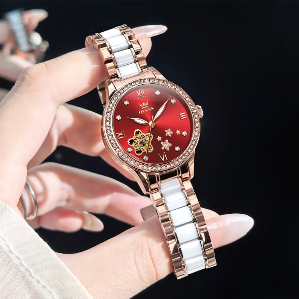 OLEVS 7074 Ceramic Open Heart Automatic Watch For Women - Rose Gold White Watch | Olevs Watch Store