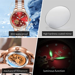 OLEVS 7074 Ceramic Open Heart Automatic Watch For Women - Rose Gold White Watch | Olevs Watch Store