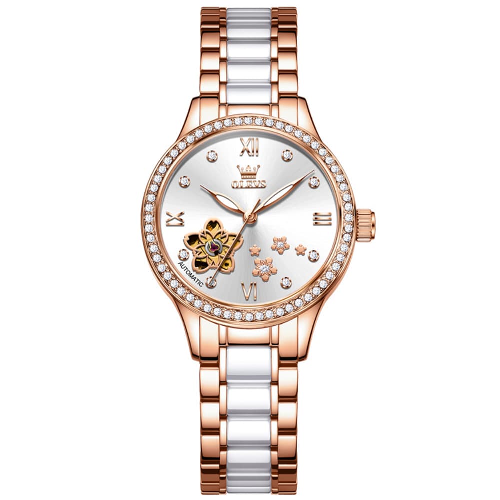 OLEVS 7074 Ceramic Open Heart Automatic Watch For Women - Rose Gold White Watch | Olevs Watch Store