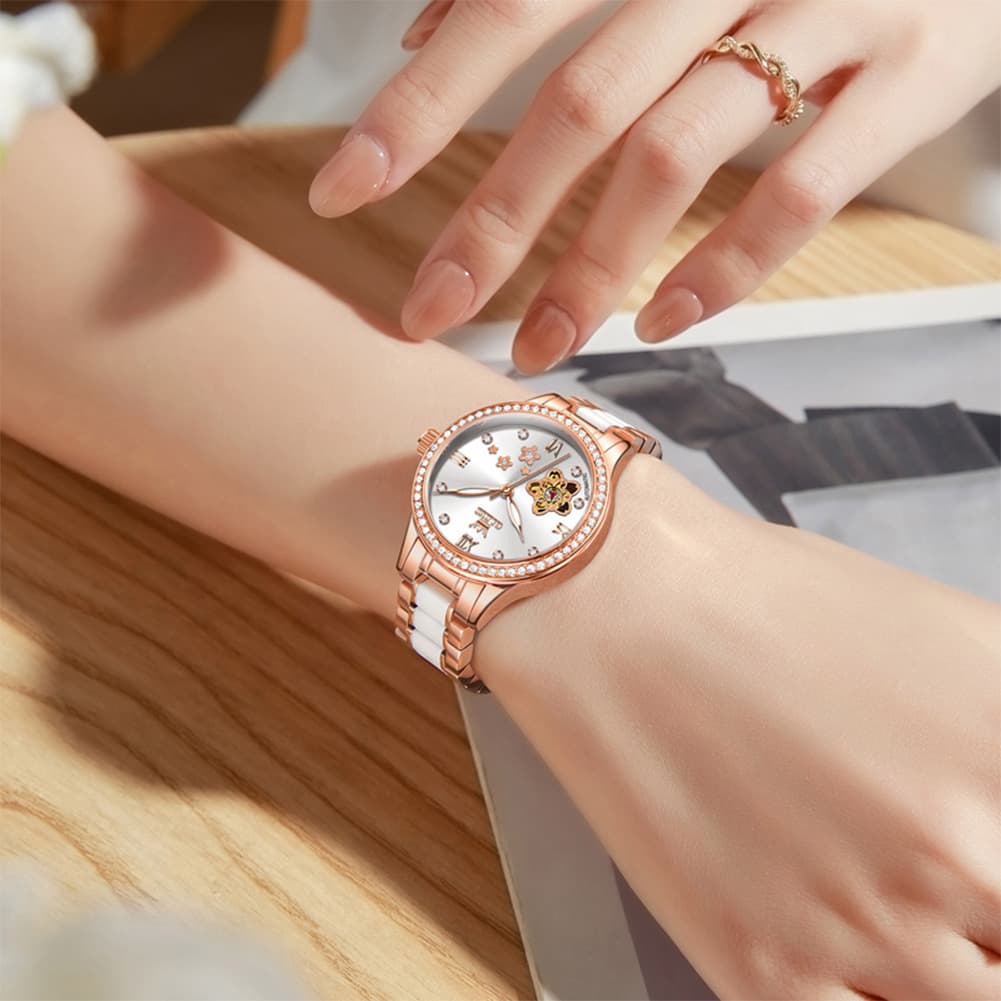 OLEVS 7074 Ceramic Open Heart Automatic Watch For Women - Rose Gold White Watch | Olevs Watch Store