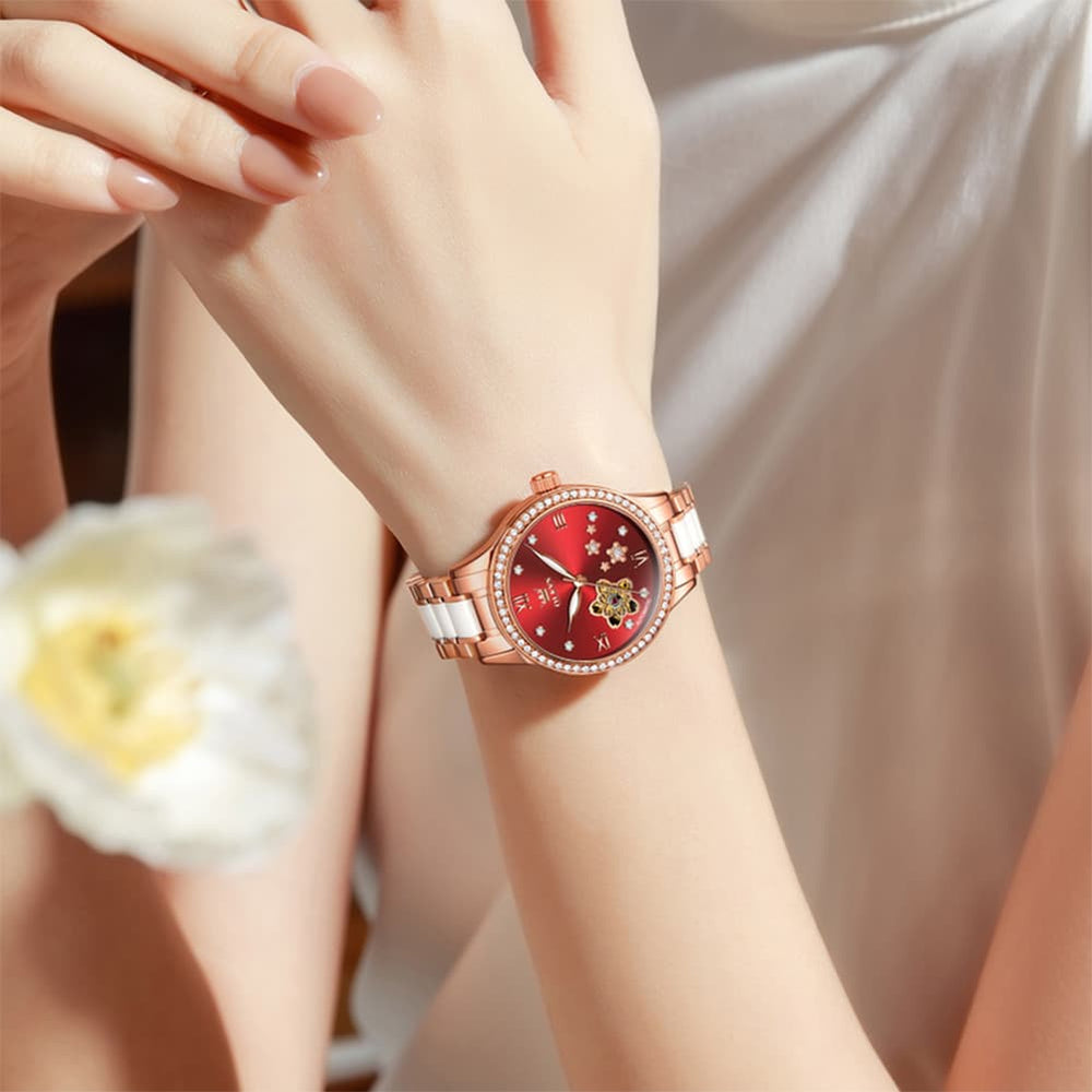 OLEVS 7074 Ceramic Open Heart Automatic Watch For Women - Rose Gold White Watch | Olevs Watch Store
