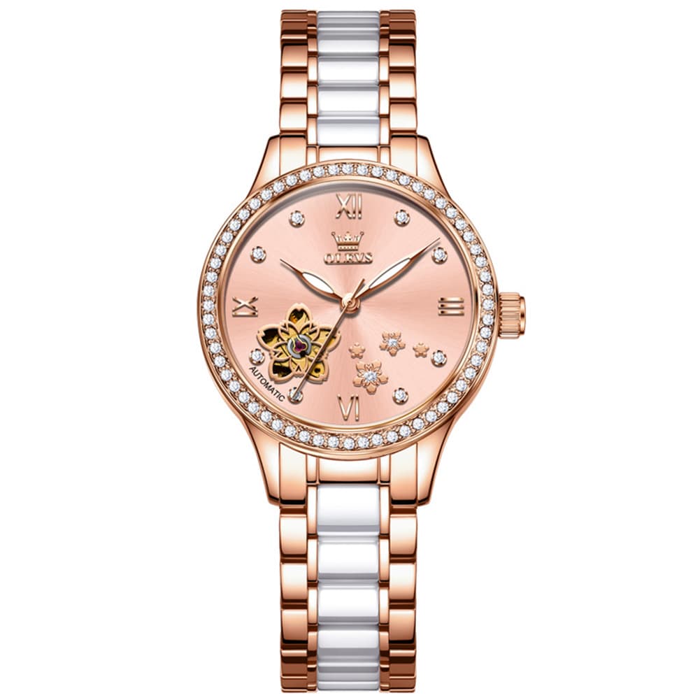 OLEVS 7074 Ceramic Open Heart Automatic Watch For Women - Rose Gold White Watch | Olevs Watch Store
