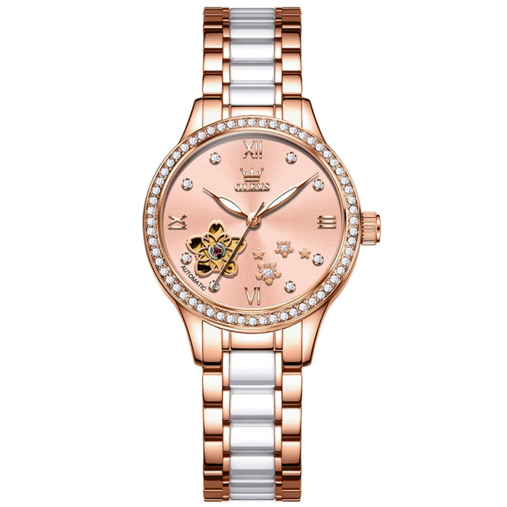 OLEVS 7074 Ceramic Open Heart Automatic Watch For Women - Rose Gold White Watch | Olevs Watch Store