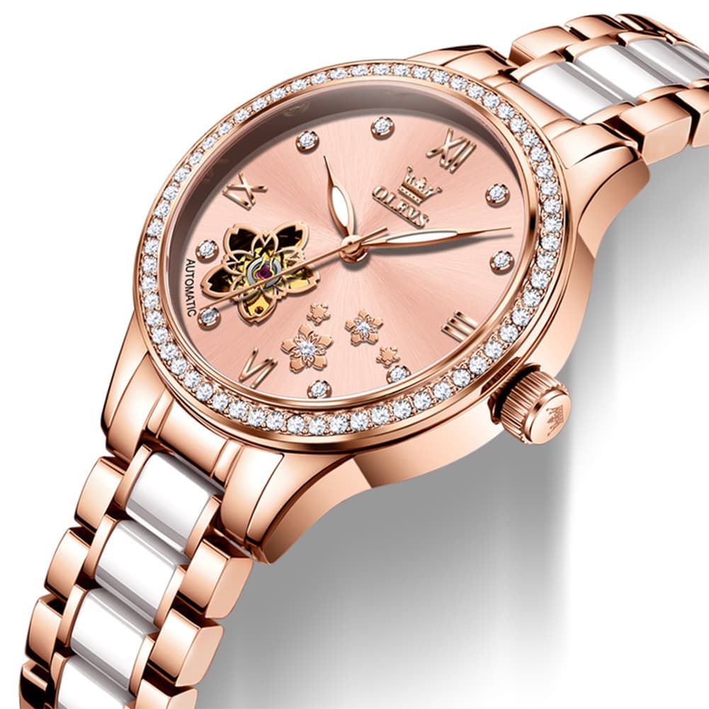 OLEVS 7074 Ceramic Open Heart Automatic Watch For Women - Rose Gold White Watch | Olevs Watch Store