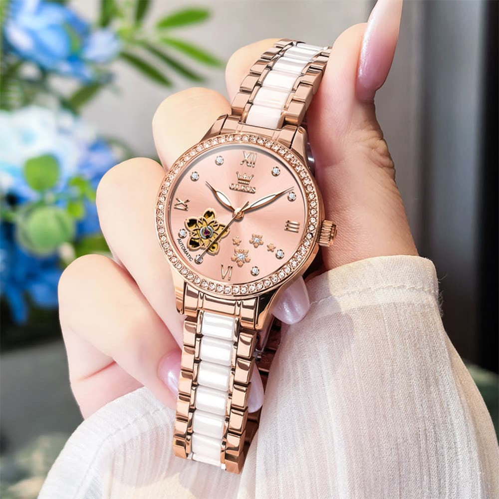 OLEVS 7074 Ceramic Open Heart Automatic Watch For Women - Rose Gold White Watch | Olevs Watch Store