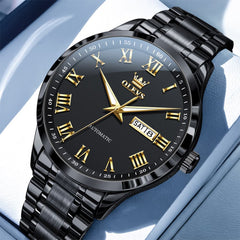 OLEVS 7075 Roman Numeral Dual Calendar Automatic Watch For Men - All Black Watch | Olevs Watch Store