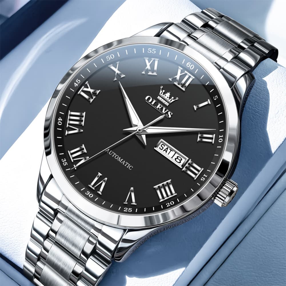 OLEVS 7075 Roman Numeral Dual Calendar Automatic Watch For Men - Silver Black Watch | Olevs Watch Store