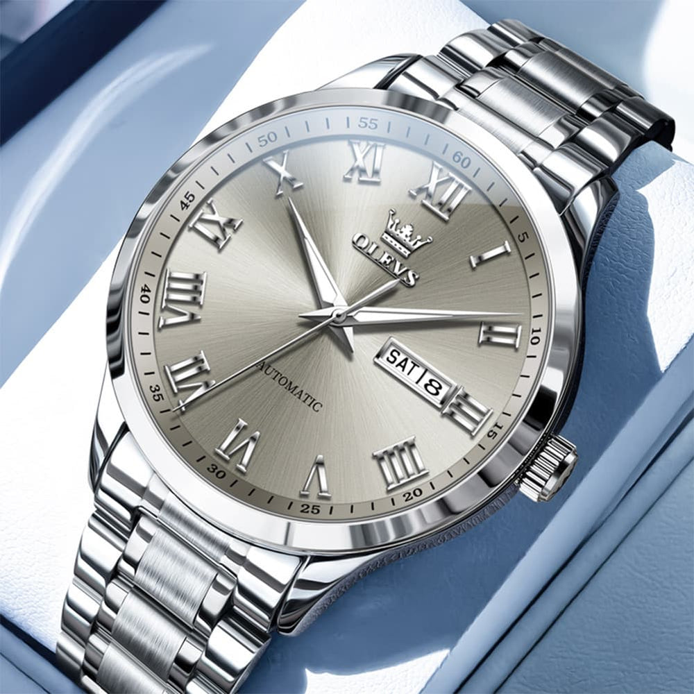 OLEVS 7075 Roman Numeral Dual Calendar Automatic Watch For Men - Silver Grey Watch | Olevs Watch Store
