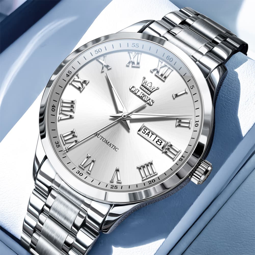 OLEVS 7075 Roman Numeral Dual Calendar Automatic Watch For Men - Silver White Watch | Olevs Watch Store