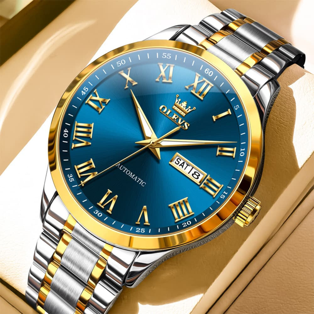OLEVS 7075 Roman Numeral Dual Calendar Automatic Watch For Men - Two Tone Blue Watch | Olevs Watch Store