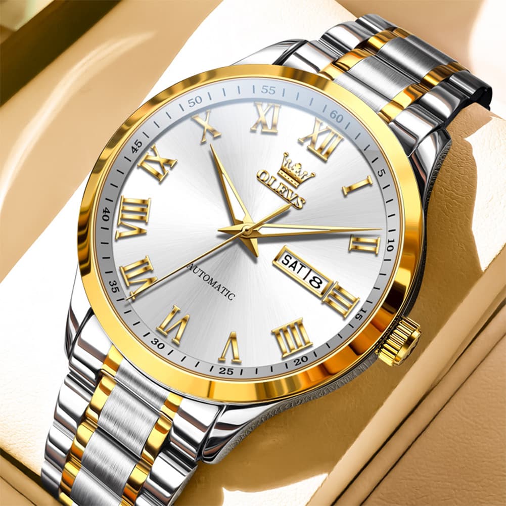 OLEVS 7075 Roman Numeral Dual Calendar Automatic Watch For Men - Two Tone White Watch | Olevs Watch Store