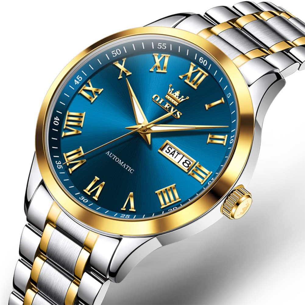OLEVS 7075 Roman Numeral Dual Calendar Automatic Watch For Men - Two Tone White Watch | Olevs Watch Store