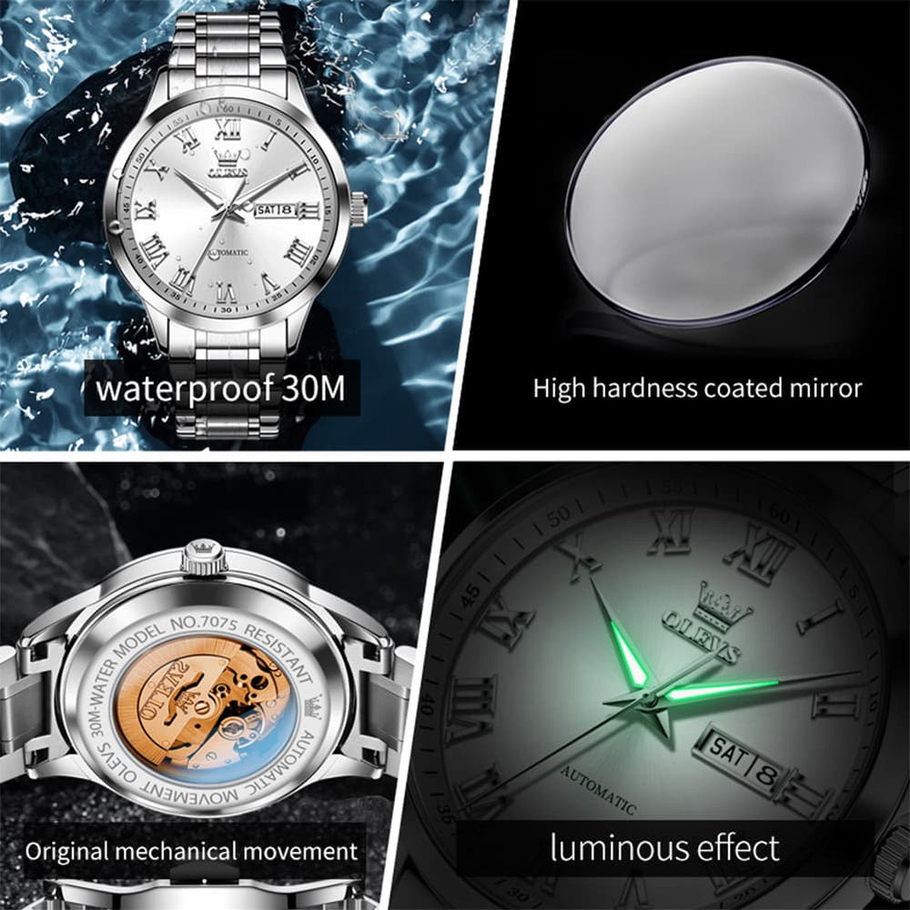 OLEVS 7075 Roman Numeral Dual Calendar Automatic Watch For Men - Two Tone White Watch | Olevs Watch Store