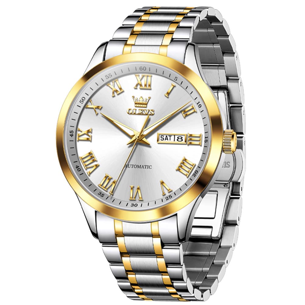 OLEVS 7075 Roman Numeral Dual Calendar Automatic Watch For Men - Two Tone White Watch | Olevs Watch Store