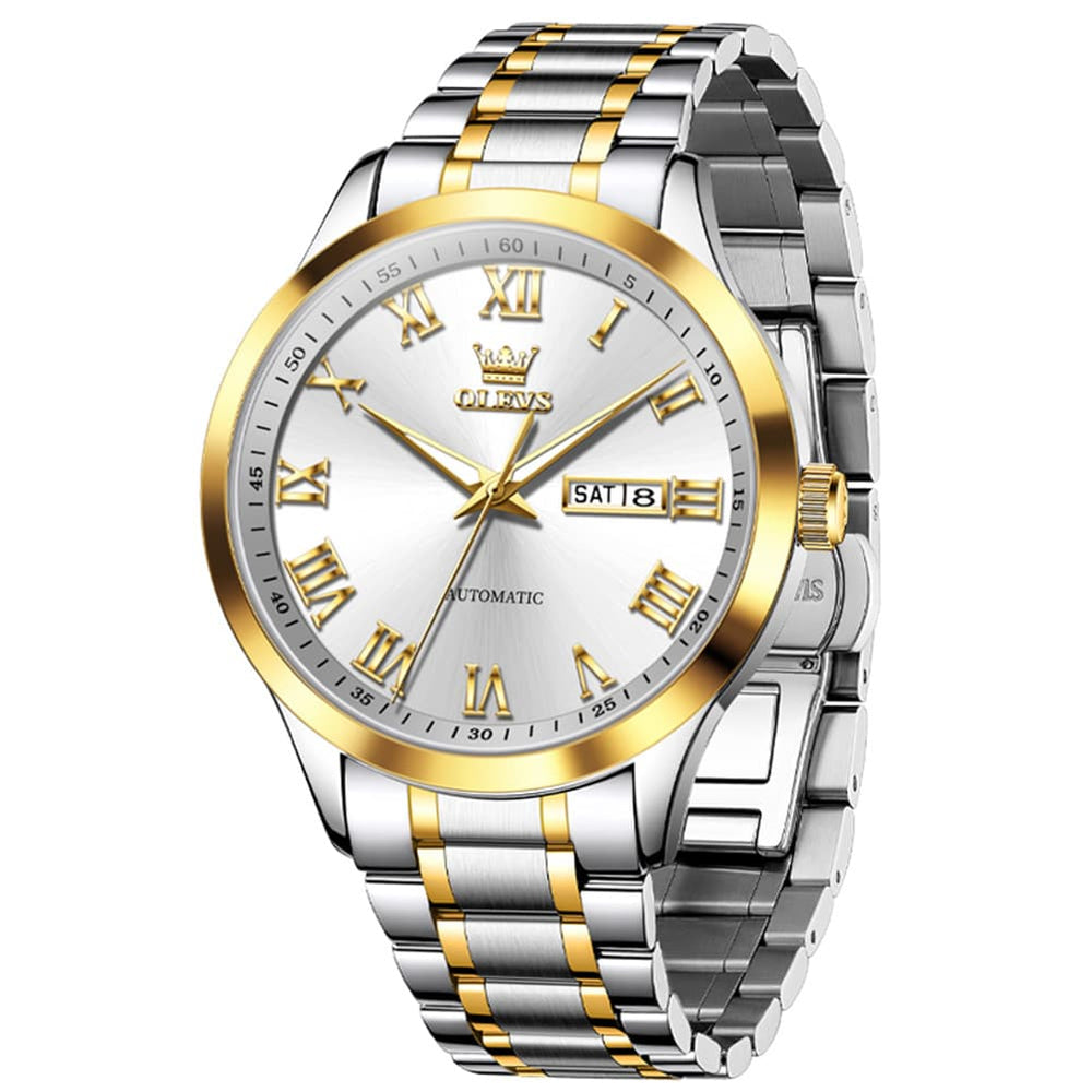 OLEVS 7075 Roman Numeral Dual Calendar Automatic Watch For Men - Two Tone White Watch | Olevs Watch Store