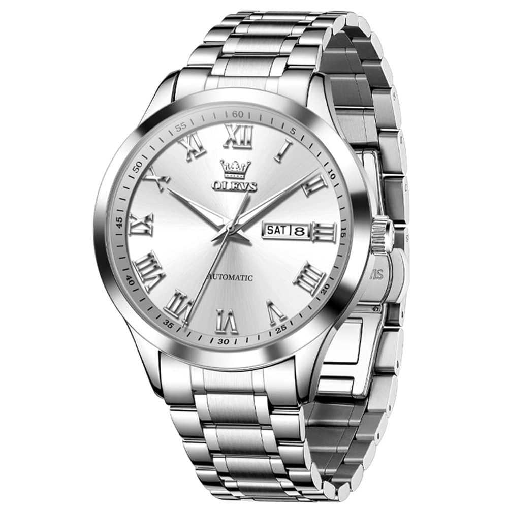 OLEVS 7075 Roman Numeral Dual Calendar Automatic Watch For Men - Two Tone White Watch | Olevs Watch Store
