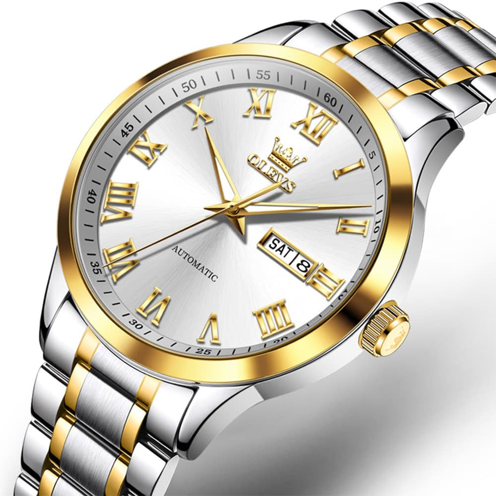 OLEVS 7075 Roman Numeral Dual Calendar Automatic Watch For Men - Two Tone White Watch | Olevs Watch Store