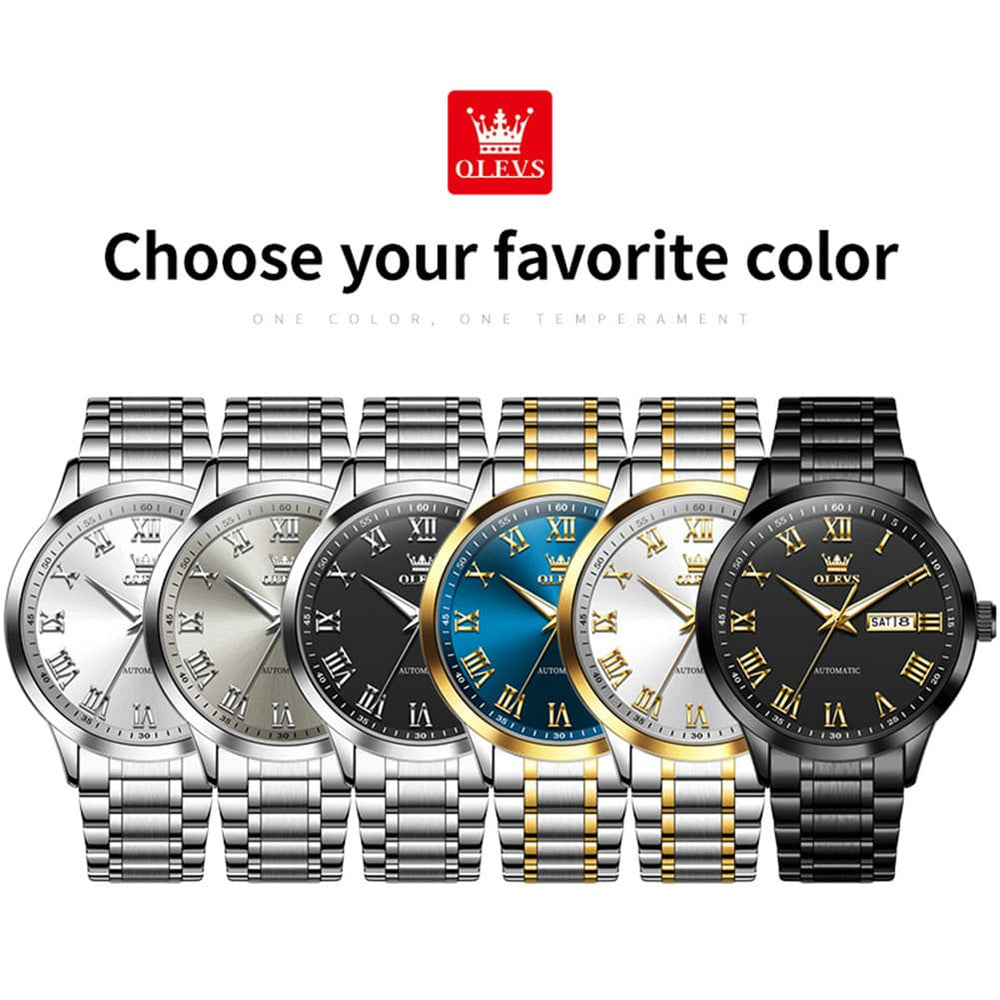 OLEVS 7075 Roman Numeral Dual Calendar Automatic Watch For Men - Two Tone White Watch | Olevs Watch Store