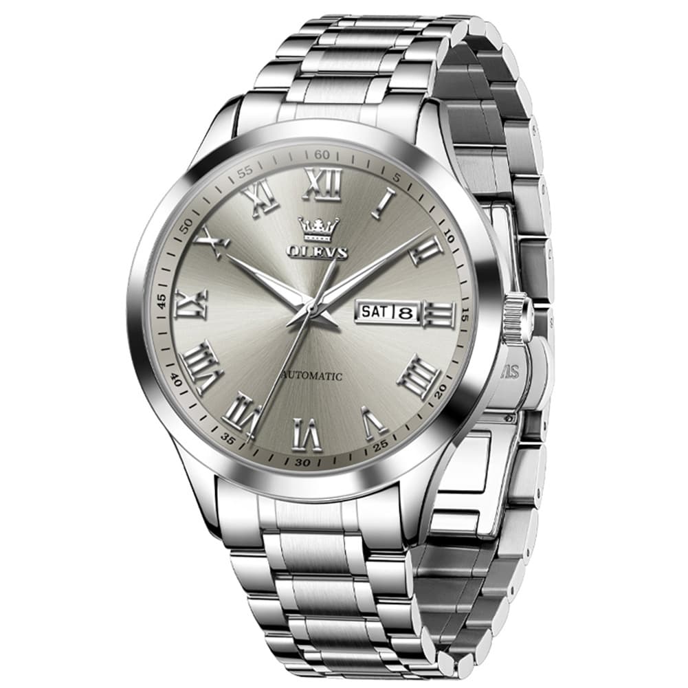 OLEVS 7075 Roman Numeral Dual Calendar Automatic Watch For Men - Two Tone White Watch | Olevs Watch Store