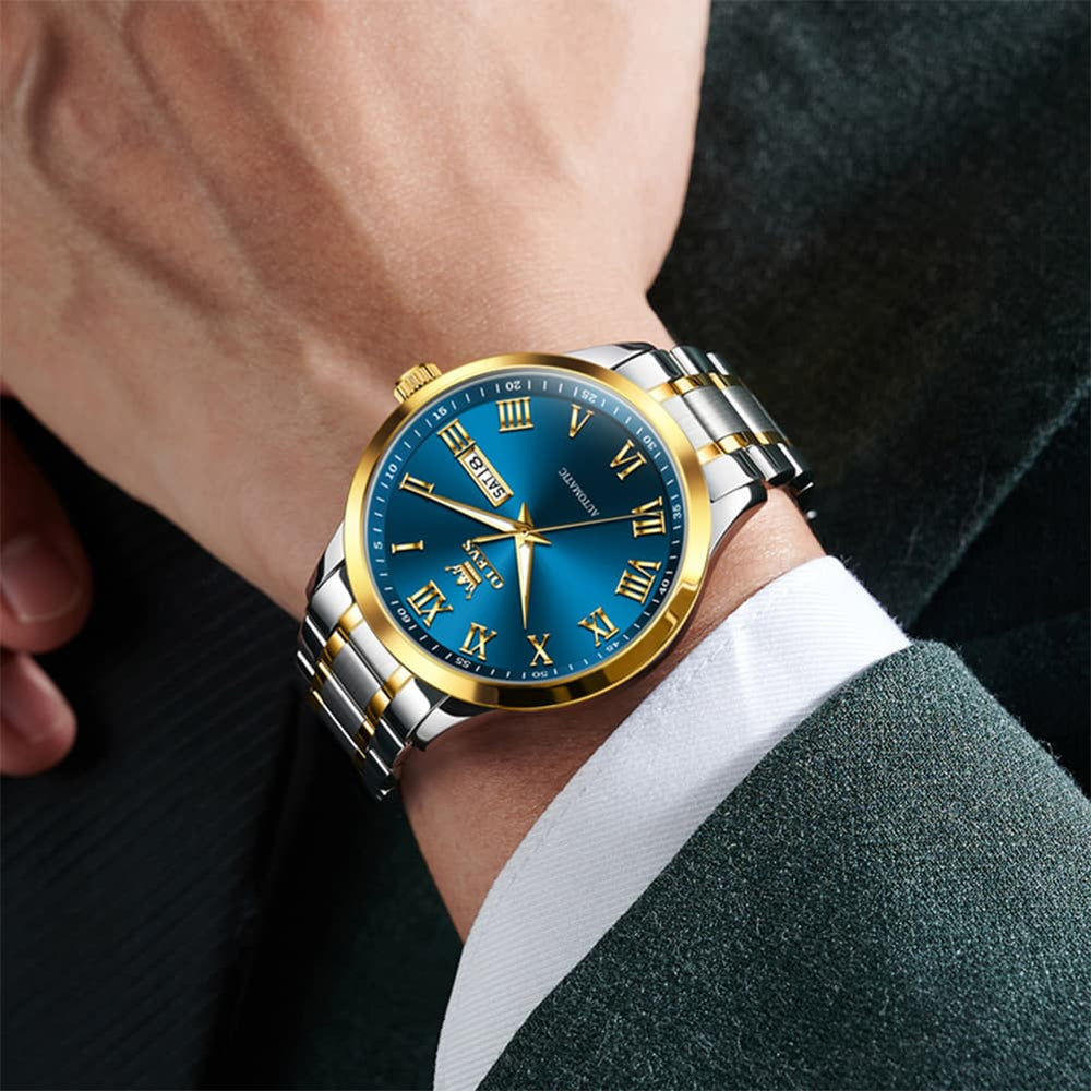 OLEVS 7075 Roman Numeral Dual Calendar Automatic Watch For Men - Two Tone White Watch | Olevs Watch Store