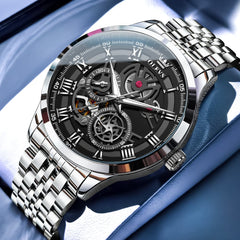 OLEVS 7076 Double Open Heart Automatic Watch For Men - Silver Black Watch | Olevs Watch Store