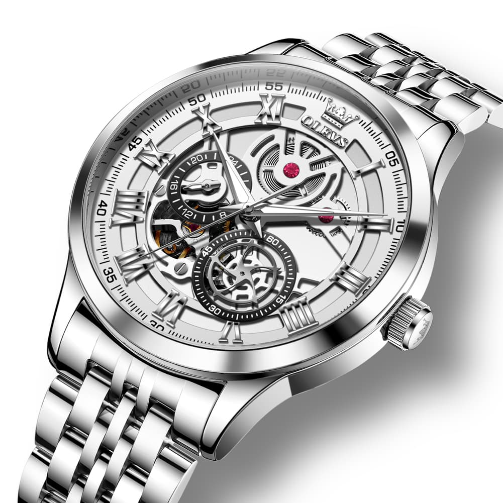 OLEVS 7076 Double Open Heart Automatic Watch For Men - Silver White Watch | Olevs Watch Store