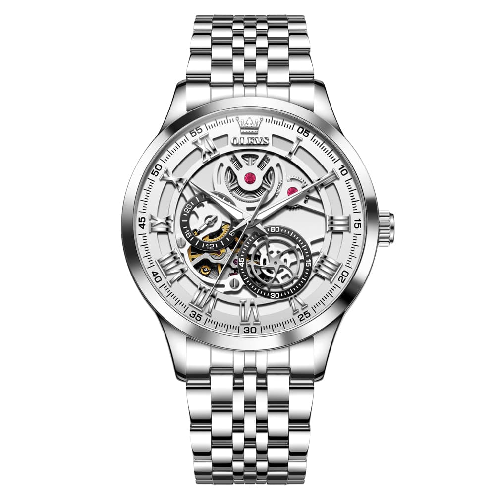 OLEVS 7076 Double Open Heart Automatic Watch For Men - Silver White Watch | Olevs Watch Store