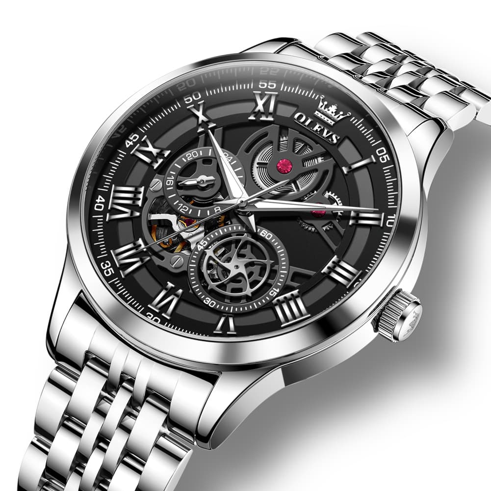 OLEVS 7076 Double Open Heart Automatic Watch For Men - Silver White Watch | Olevs Watch Store