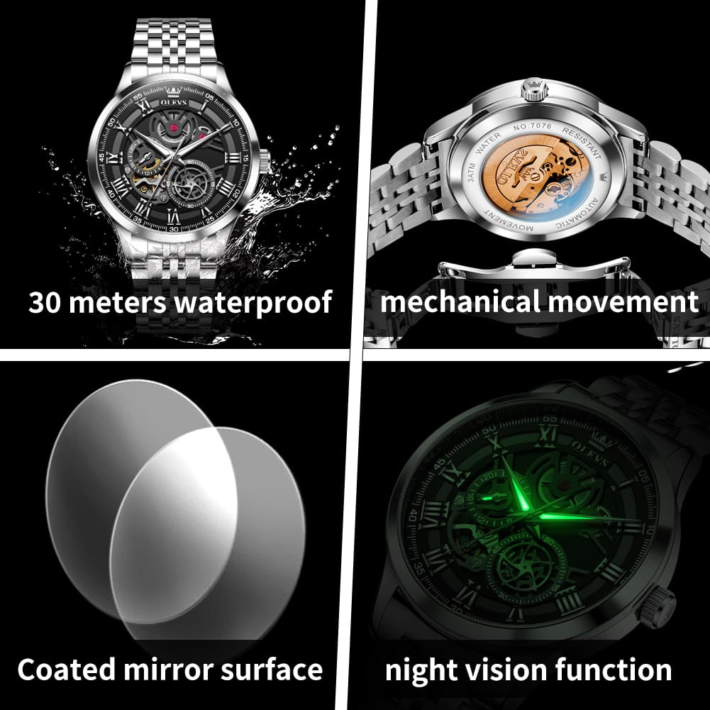 OLEVS 7076 Double Open Heart Automatic Watch For Men - Silver White Watch | Olevs Watch Store