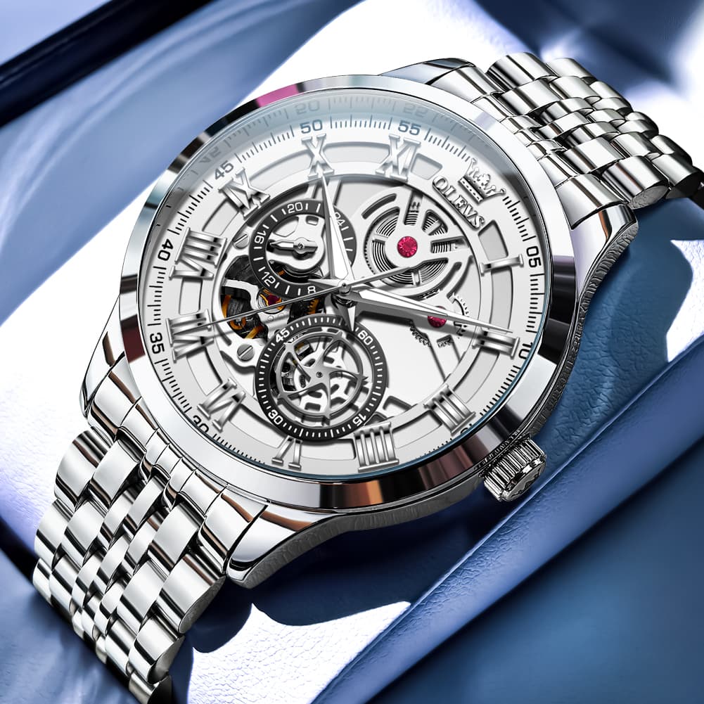 OLEVS 7076 Double Open Heart Automatic Watch For Men - Silver White Watch | Olevs Watch Store