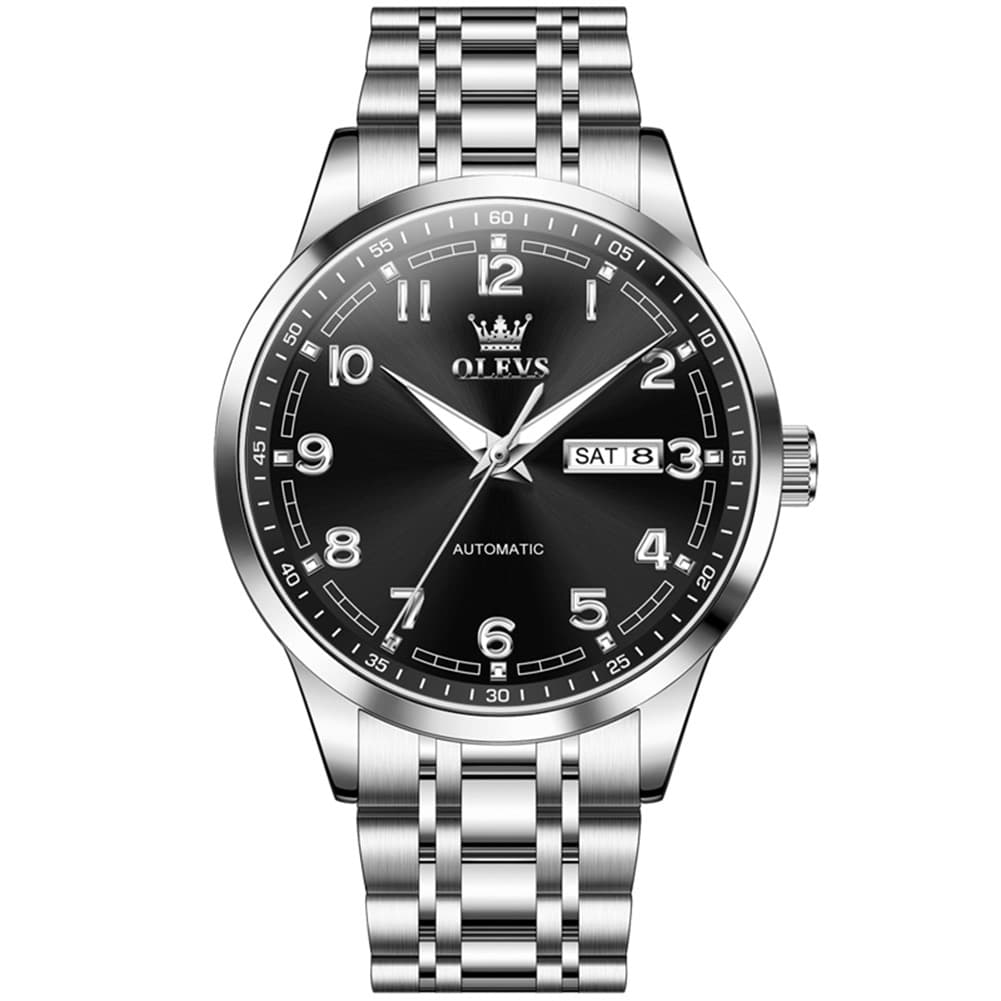 OLEVS 7077 Arabic Numeral Dual Calendar Automatic Watch For Men - Silver Black Watch | Olevs Watch Store
