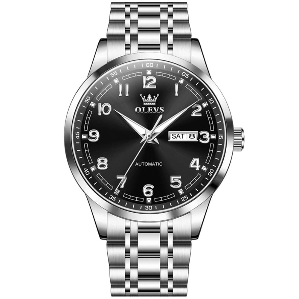 OLEVS 7077 Arabic Numeral Dual Calendar Automatic Watch For Men - Silver Black Watch | Olevs Watch Store