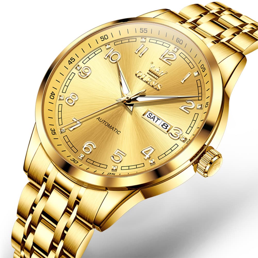 OLEVS 7077 Arabic Numeral Dual Calendar Automatic Watch For Men - All Gold Watch | Olevs Watch Store