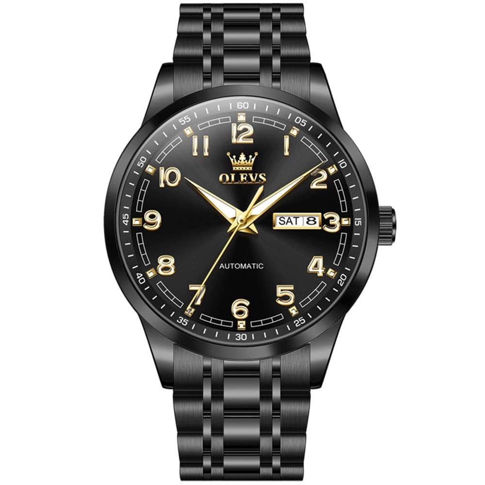 OLEVS 7077 Arabic Numeral Dual Calendar Automatic Watch For Men - Silver Black Watch | Olevs Watch Store