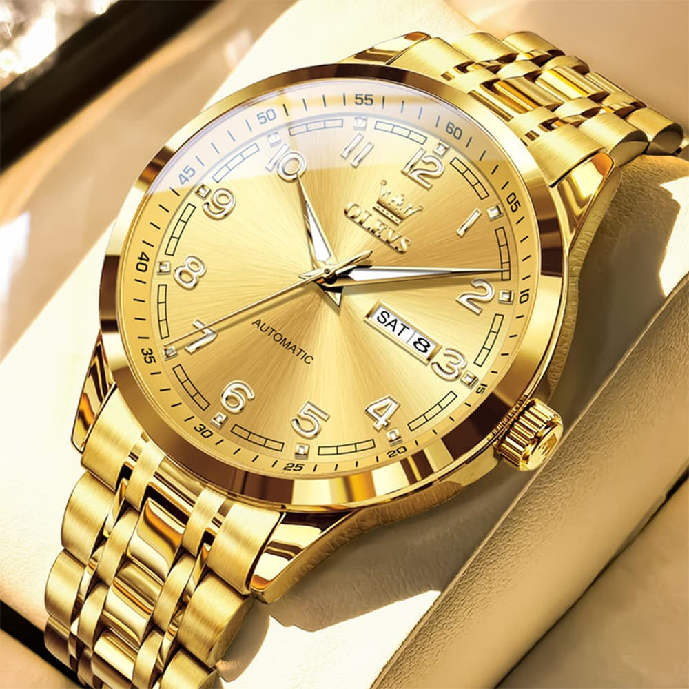 OLEVS 7077 Arabic Numeral Dual Calendar Automatic Watch For Men - All Gold Watch | Olevs Watch Store