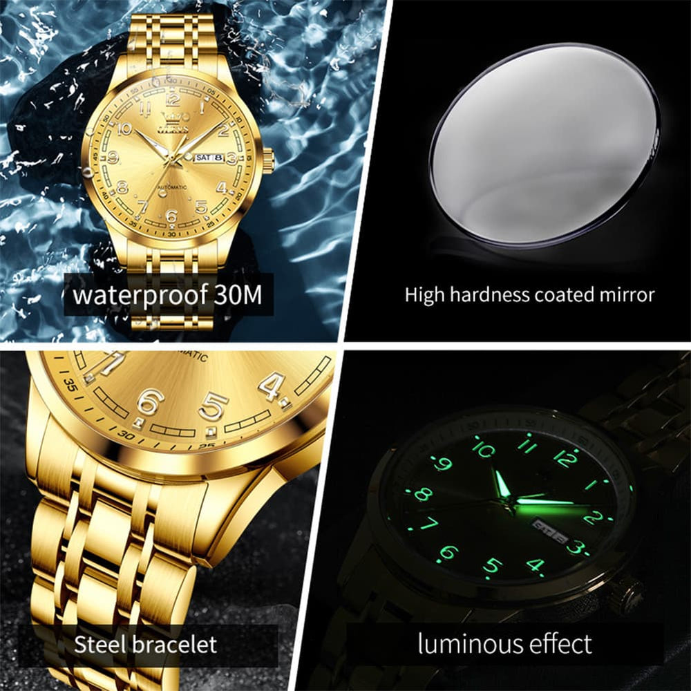 OLEVS 7077 Arabic Numeral Dual Calendar Automatic Watch For Men - All Gold Watch | Olevs Watch Store