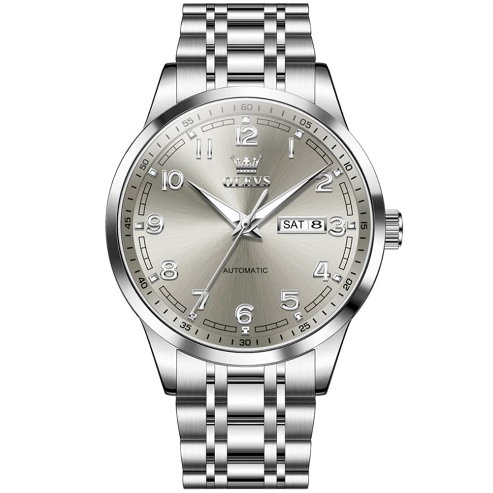 OLEVS 7077 Arabic Numeral Dual Calendar Automatic Watch For Men - Silver Black Watch | Olevs Watch Store