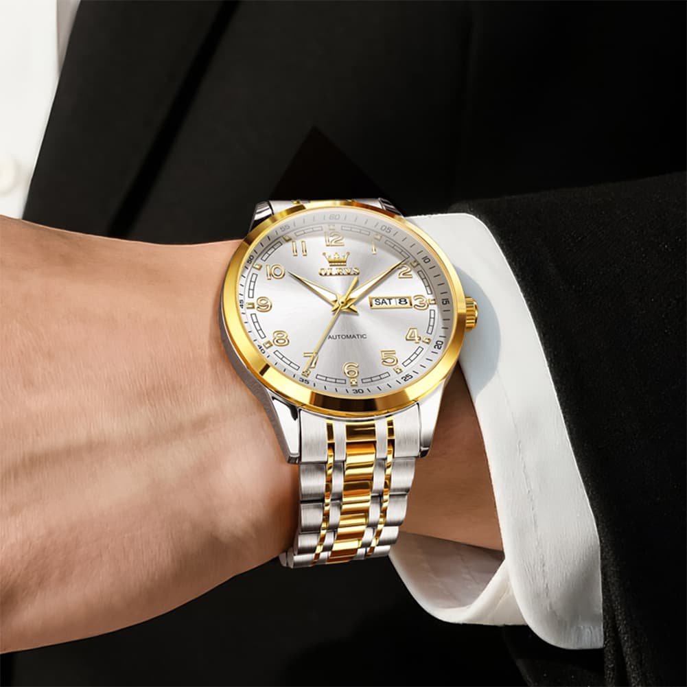 OLEVS 7077 Arabic Numeral Dual Calendar Automatic Watch For Men - Silver Black Watch | Olevs Watch Store