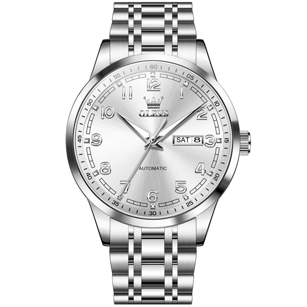 OLEVS 7077 Arabic Numeral Dual Calendar Automatic Watch For Men - Silver Black Watch | Olevs Watch Store