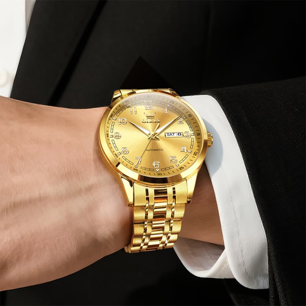 OLEVS 7077 Arabic Numeral Dual Calendar Automatic Watch For Men - Silver Black Watch | Olevs Watch Store