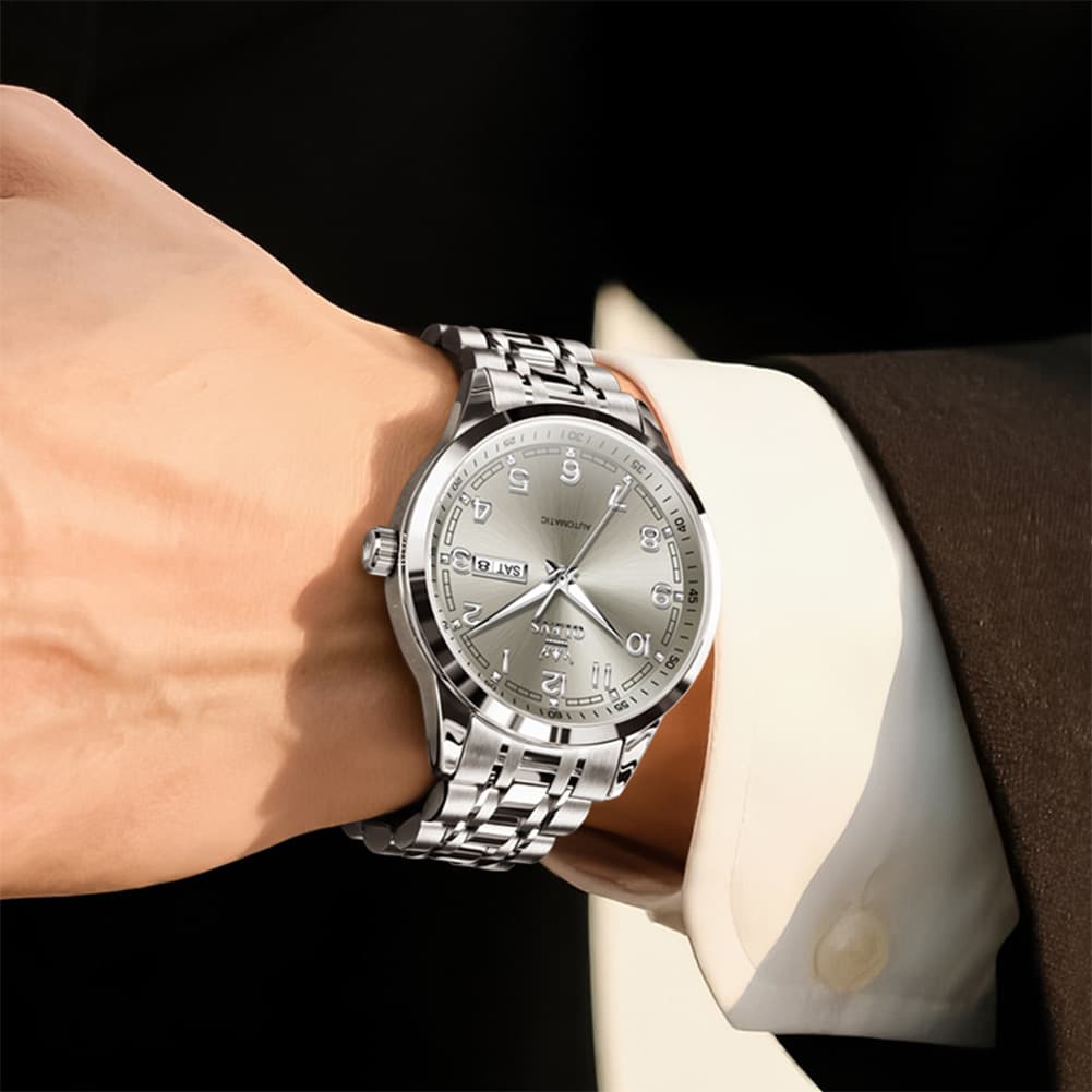 OLEVS 7077 Arabic Numeral Dual Calendar Automatic Watch For Men - Silver Black Watch | Olevs Watch Store
